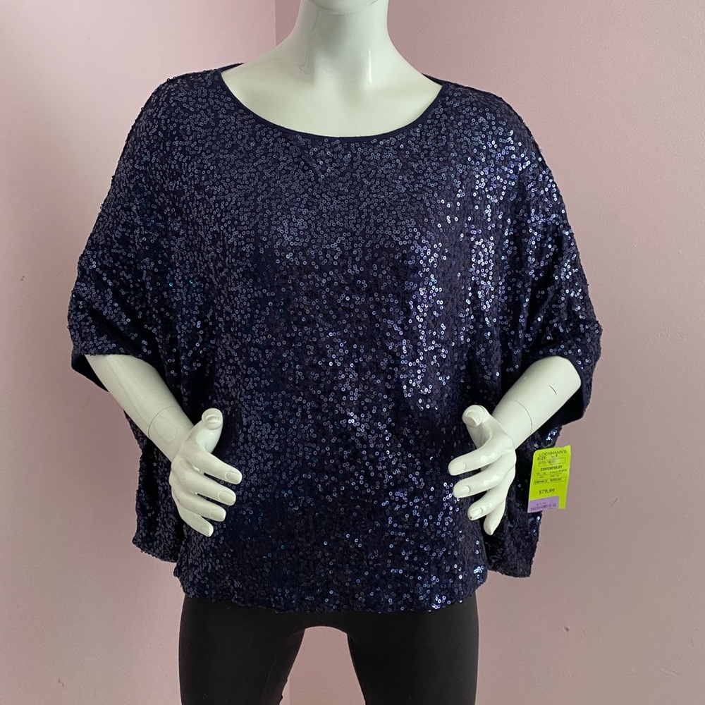 Fifteen Twenty Womens Sequin Top Ruana Dolman Sleeve Pullover Navy Blue Small